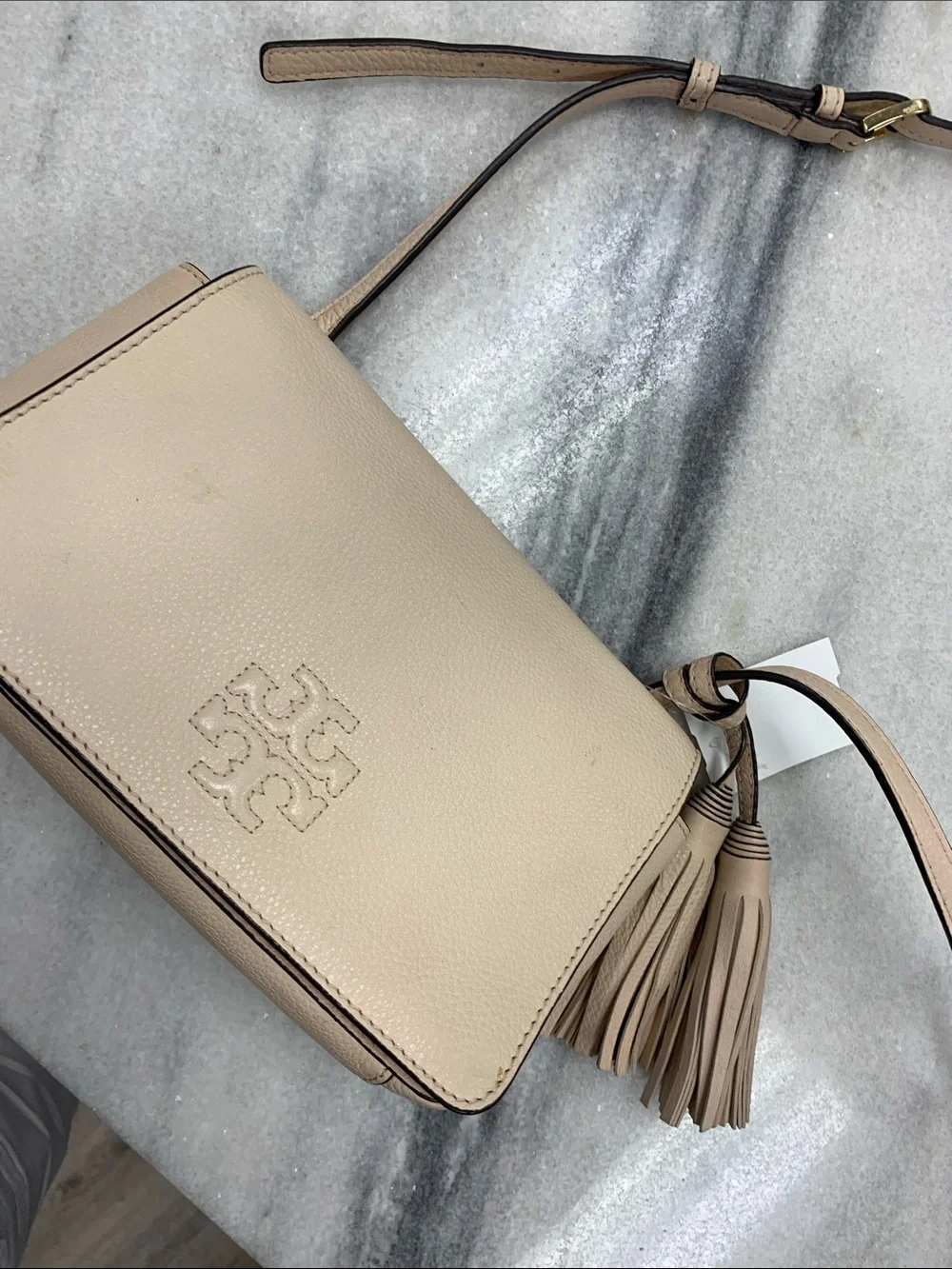 Tory Burch Neutral Beige Pebbled Leather Crossbody with Tassel - Picture 7 of 8